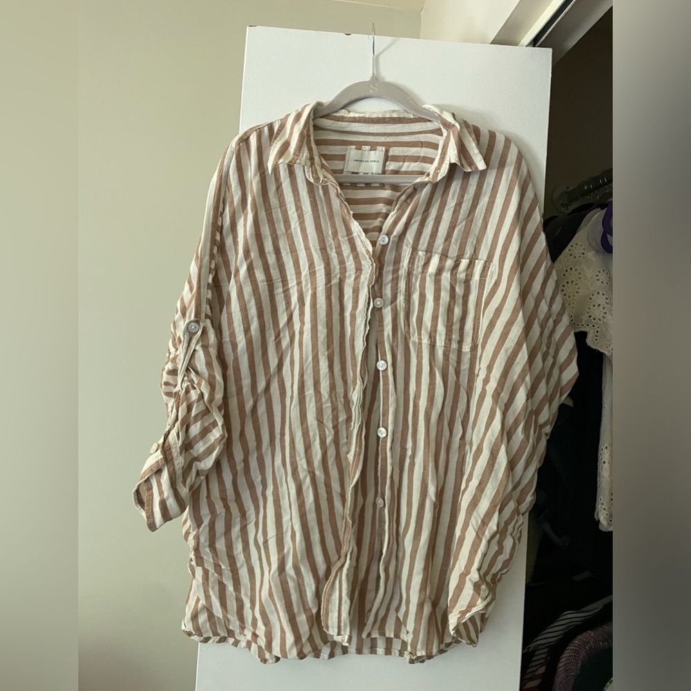 American Eagle Go Big Beach Shirt, Oversized Stripe Button Up